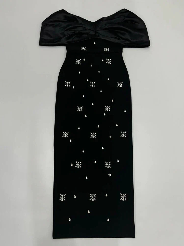 Off Shoulder Satin Bow Rhinestone Embellished Bodycon Midi Dress - View 2