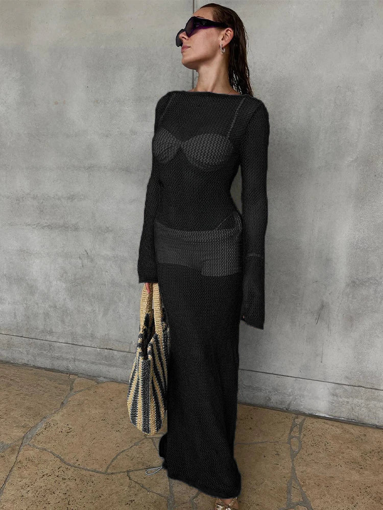 Hollow Out Long Sleeve Bikini Cover Up