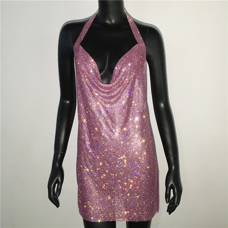 Rhinestone Diamante Backless Split Dresses 20