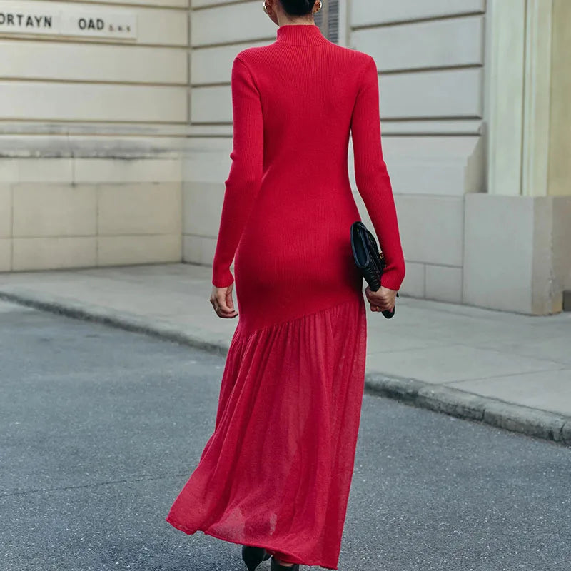 Elegant Fashionpara High Collar Knitted Maxi Dress for Fall