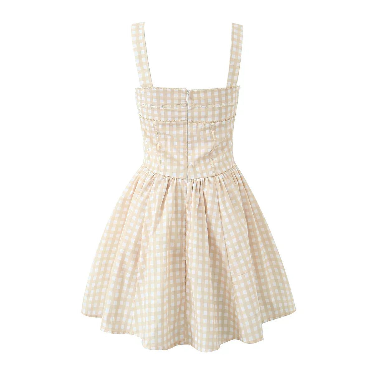 Gingham Print Square Neck Corset Paneled Pleated Mini Dress - View 4