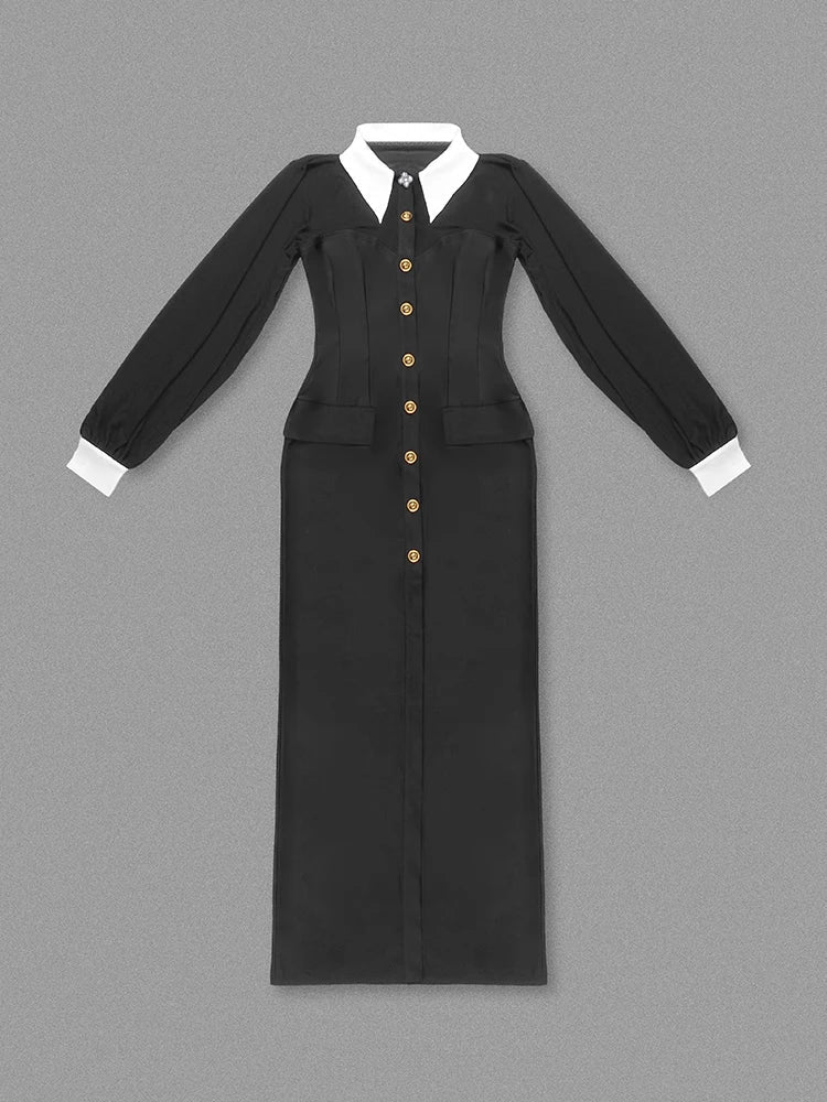 Mesh Long Sleeve Collared Button Front High Split Maxi Gown - View 8
