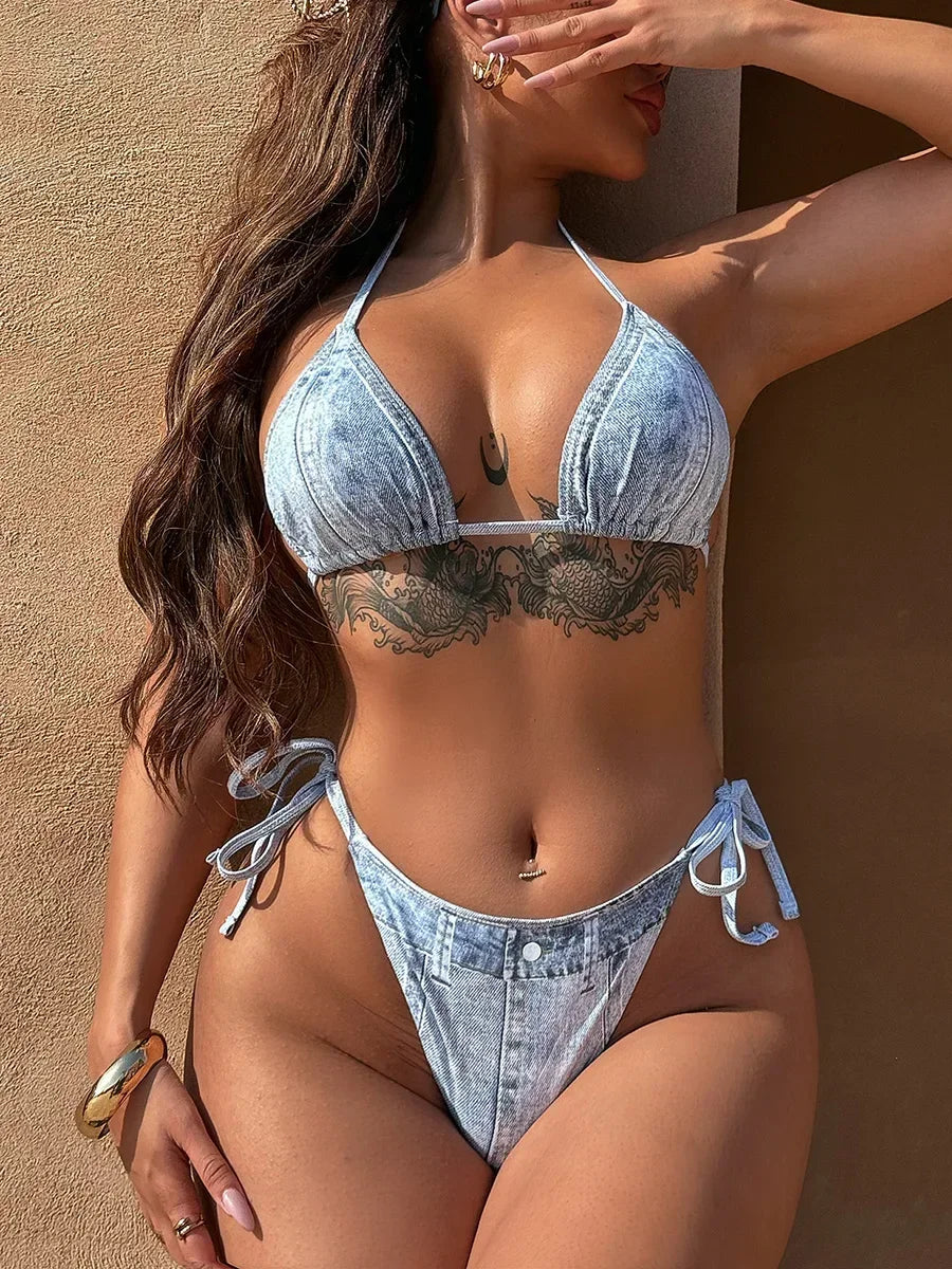Denim Printed Halter Strappy High Cut Bikini Set - Fashionpara