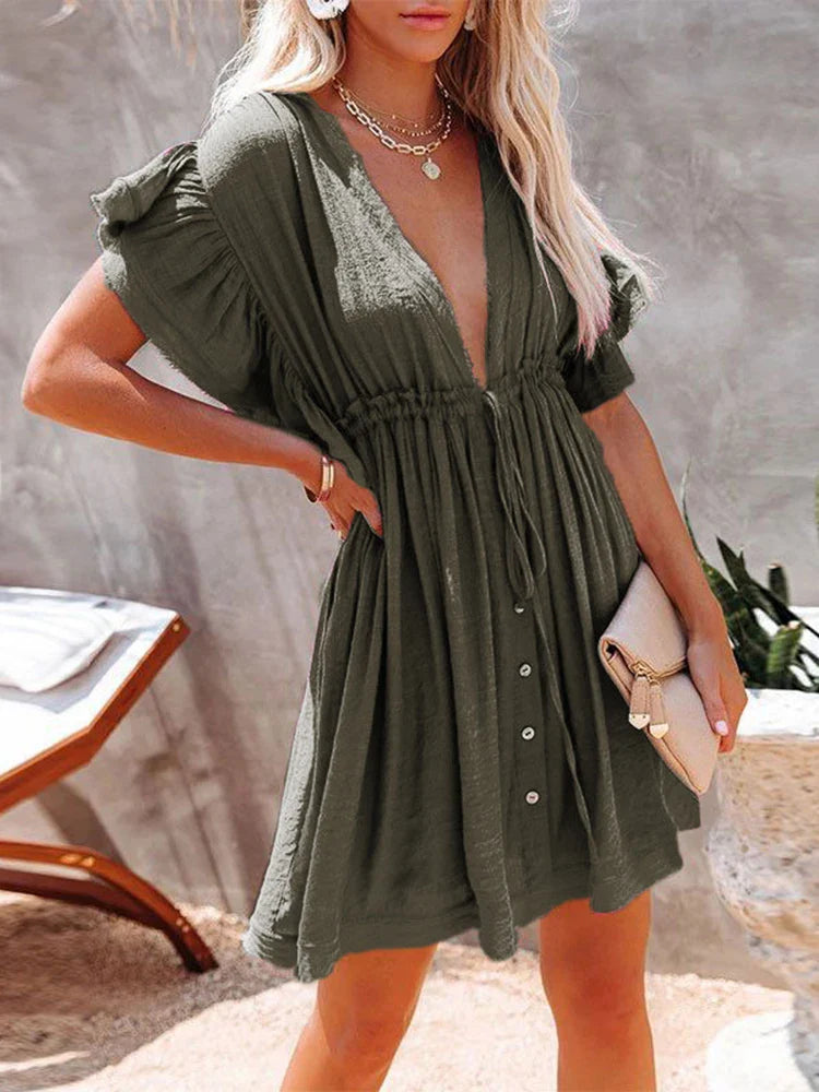 Deep V-Neck Ruffle Lace Up Beach Cover Up