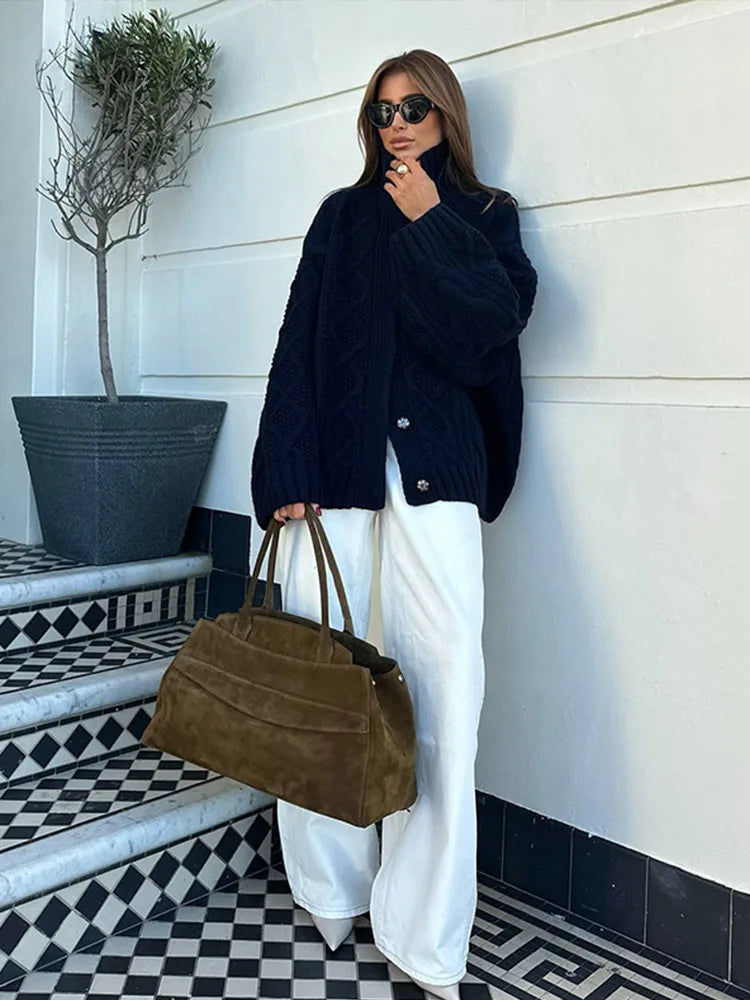 Twist Lapel Hidden Button Knit Cardigan