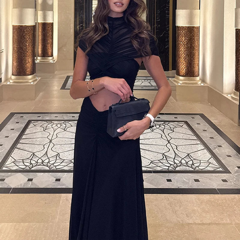 Elegant Cape Sleeve Solid Color Dress for Evening Events - Fashionpara