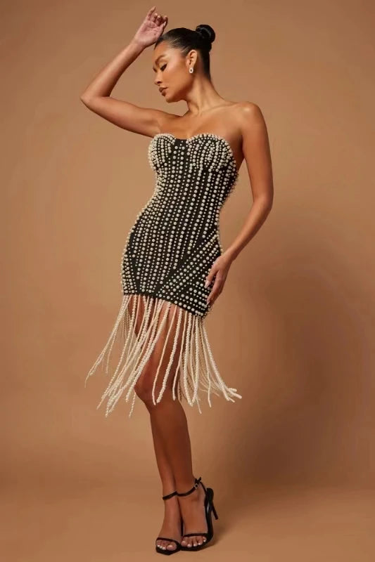 Sexy Black Luxury Pearls Tassels Bodycon Strapless Prom Bandage Dress Sexy  Celebrity Evening Runway Cocktail Party Dress