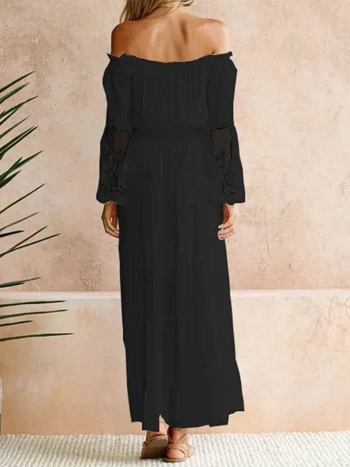 Off Shoulder Lace Bell Sleeve Smocked Tiered Chiffon Maxi Dress - View 6