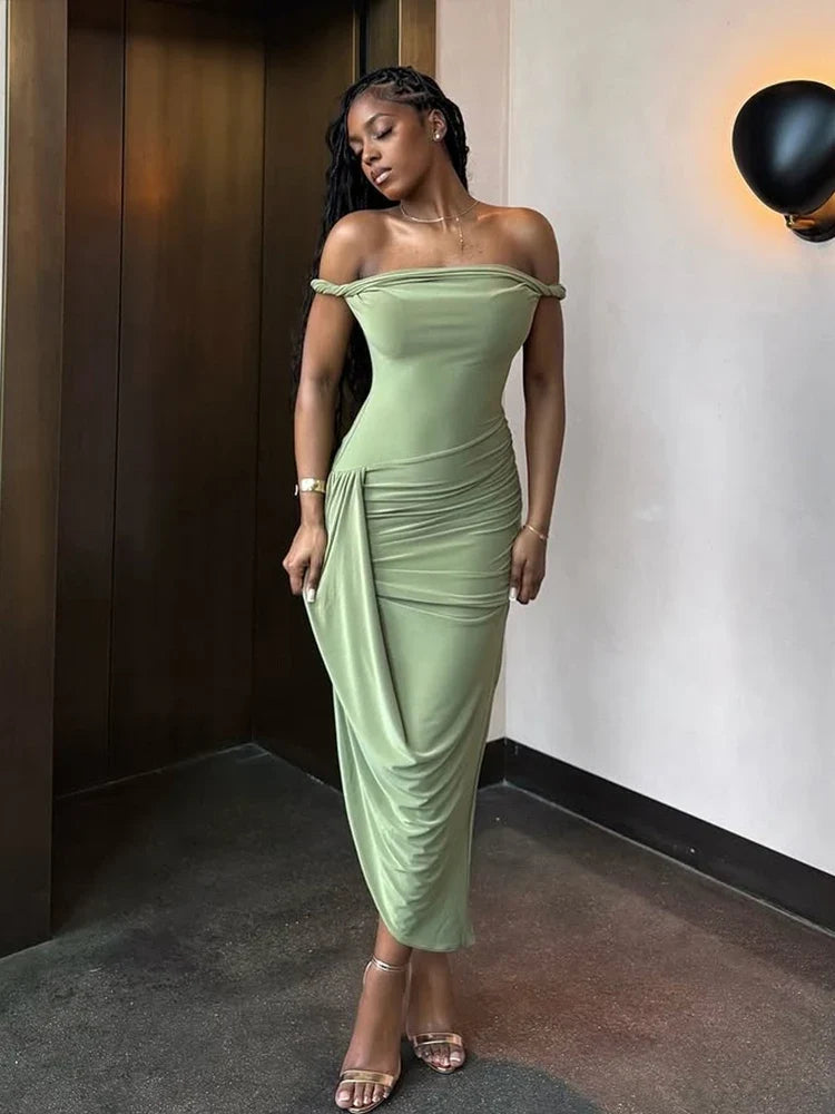 Ruched Off Shoulder Slim Midi Dress