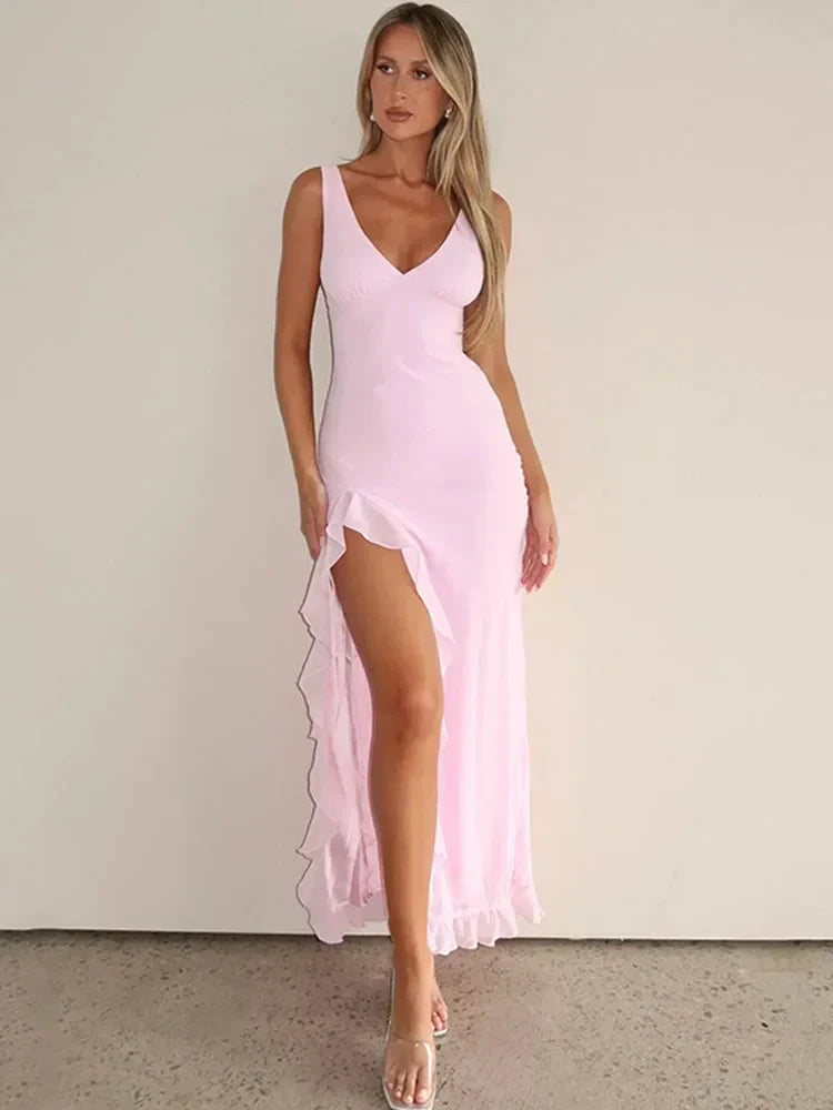V-Neck Sleeveless Ruffle High Slit Maxi Dress