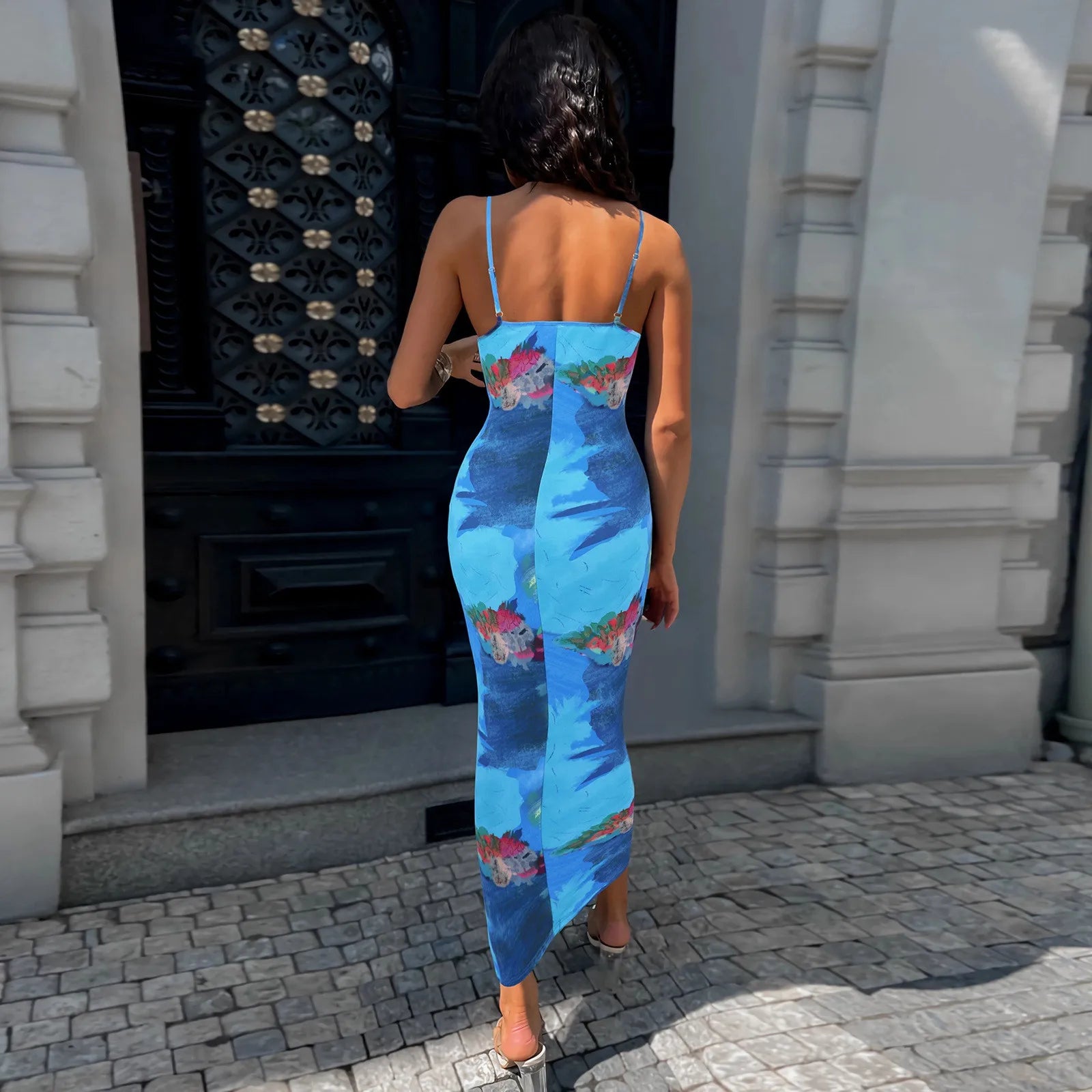 Slim Fit Bag Hip Print Long Sleeve Midi Dress - Fashionpara