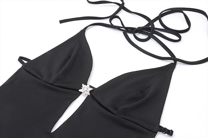 Halter Neck Plunge Backless Ruffle Mini Dress