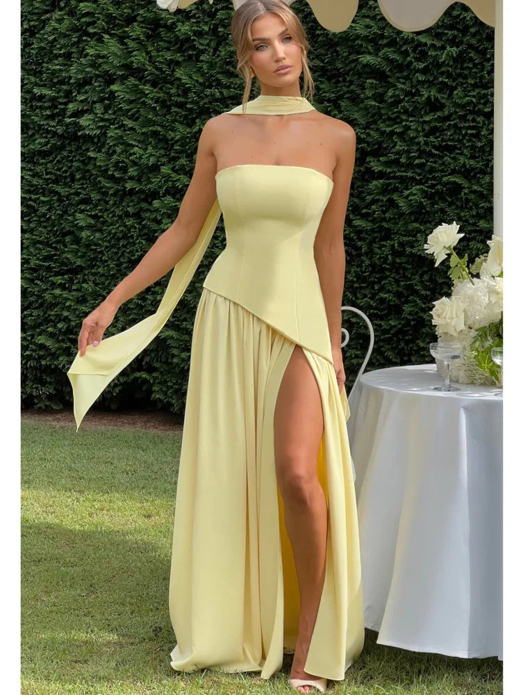 Strapless Scarf Neck High Split Satin Maxi Dress