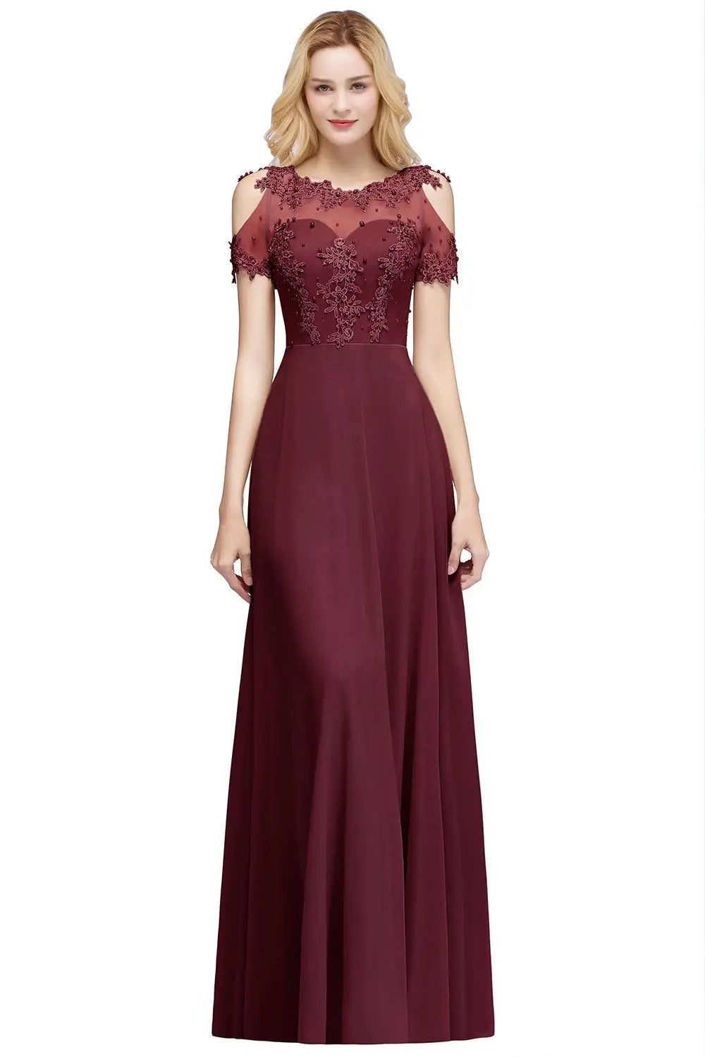 Burgundy A-Line Evening Dress with Illusion Lace Detail - Fashionpara