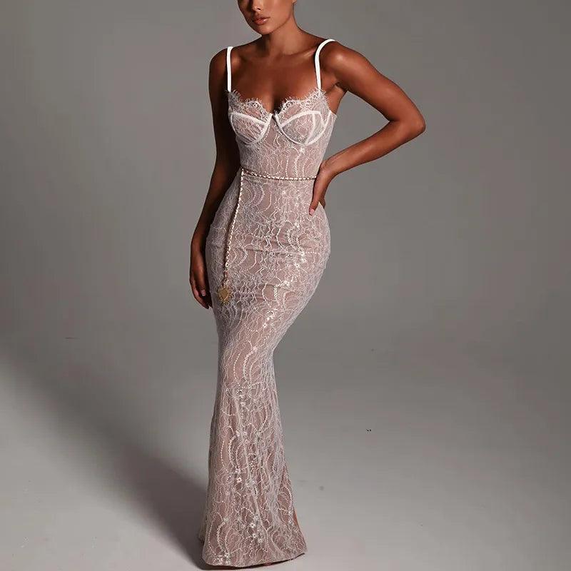 Sheer Lace Spaghetti Strap Chain Belt Bodycon Maxi Dress 2