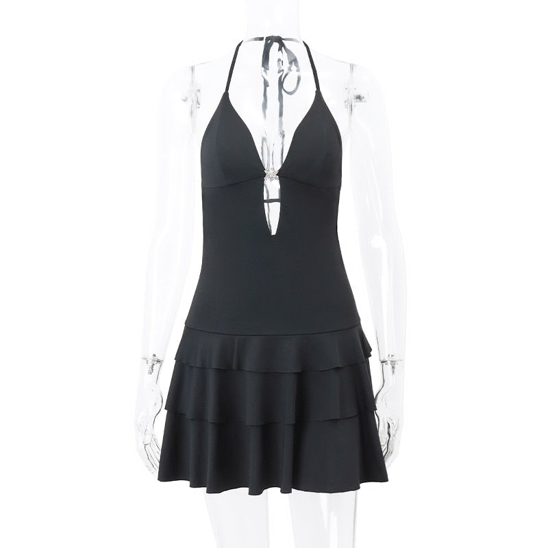Halter Neck Plunge Backless Ruffle Mini Dress