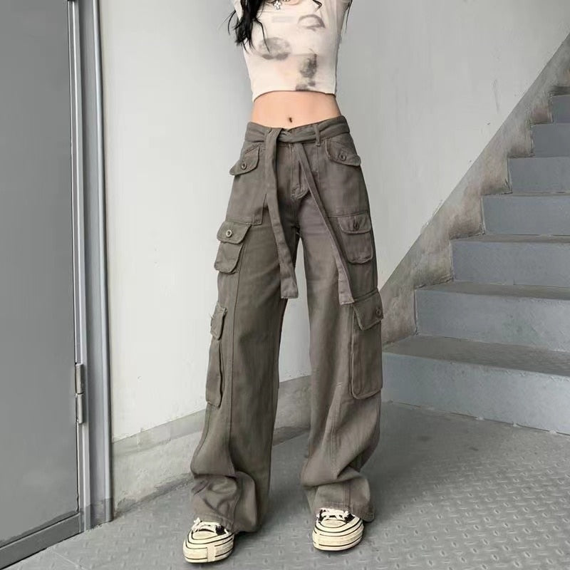 KittenAlarm - Mojoyce Hot Girl Cargo Pants Woman Elastic High Waist Big Pockets Trousers  Y2K Streetwear Hip Hop Drawstring Retro Baggy Jeans Femme