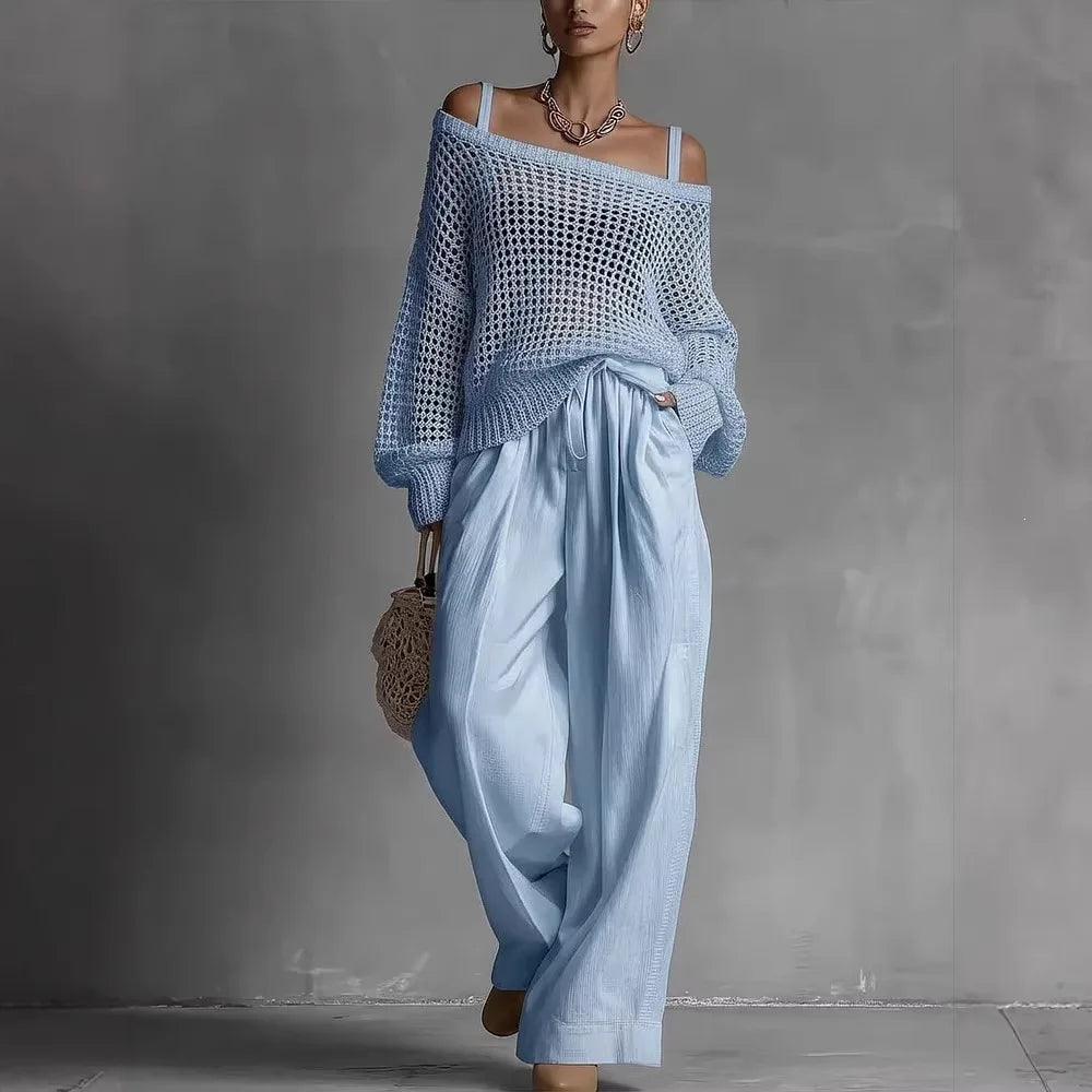 Off Shoulder Crochet Sweater and Wide Leg Pants Two Piece Set