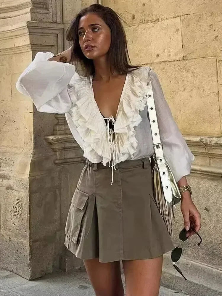 Fashion Solid V-neck Lantern Long Sleeve Blouse