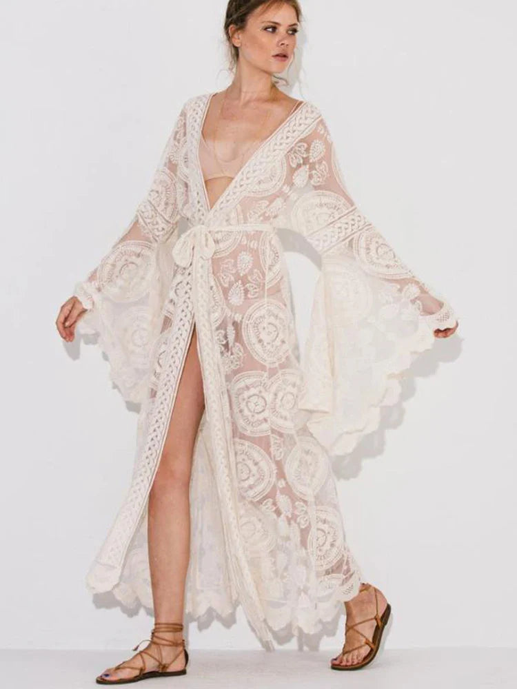 Lace V-Neck Flare Sleeve Beach Cover Up