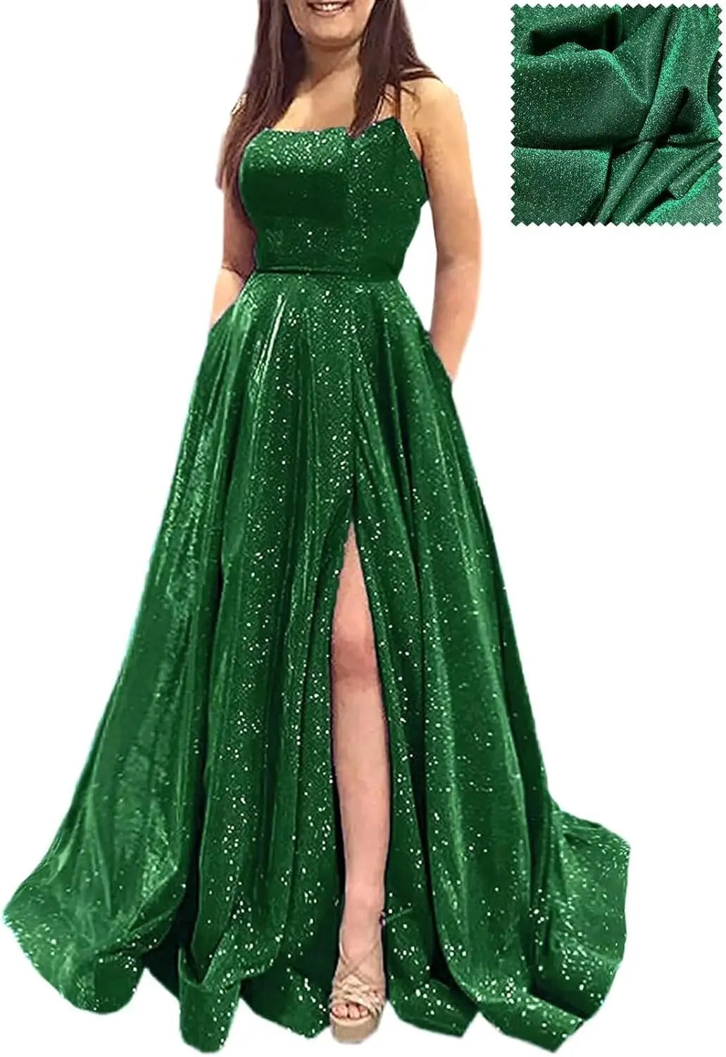 Elegant A-Line Formal Evening Gown with Pockets and Glitter - Fashionpara