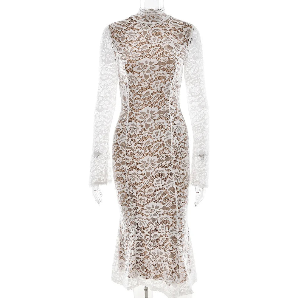 Floral Lace Mock Neck Long Sleeve Scalloped Cuff Bodycon Gown - View 9