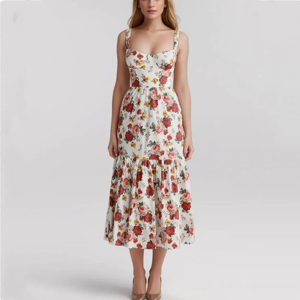 Floral Sweetheart Corset Tiered Ruffle Midi Dress - View 2
