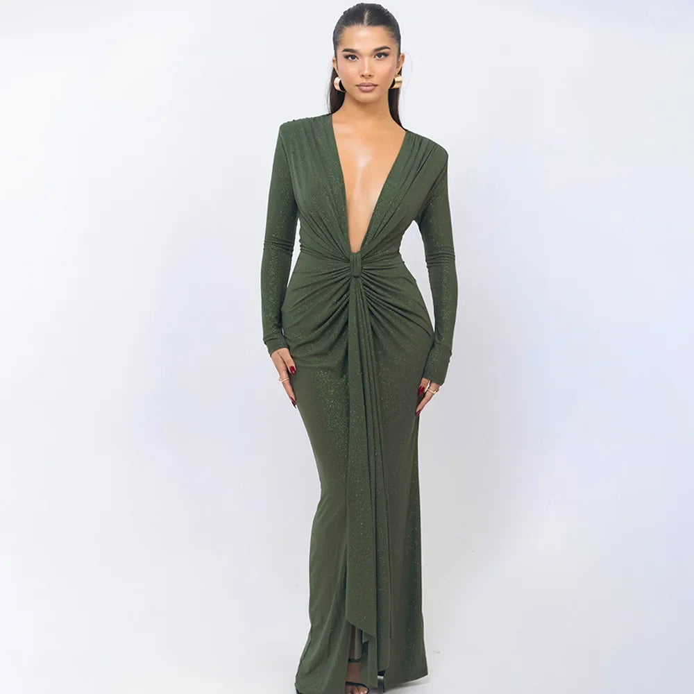 Elastic Deep V - Fold Lace Maxi Dress - View 21