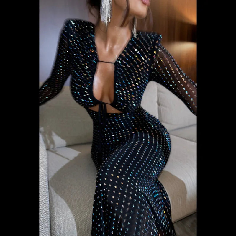 Rhinestone Mesh Long-Sleeve Keyhole Bodycon Midi Dress 4