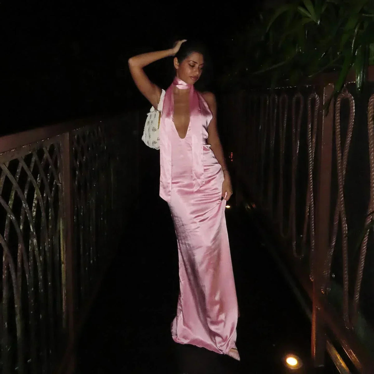 Satin Halter Neck Choker Deep V-Neck Bodycon Maxi Gown 27