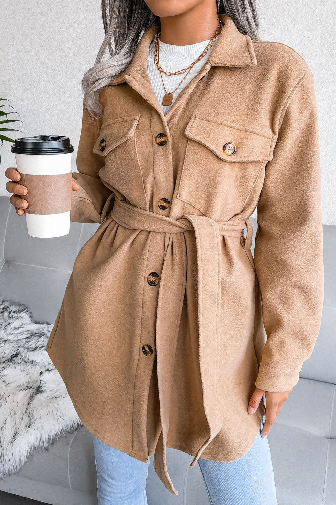 Luxe Wool Coat with Turn Down Collar and Lace Up Design