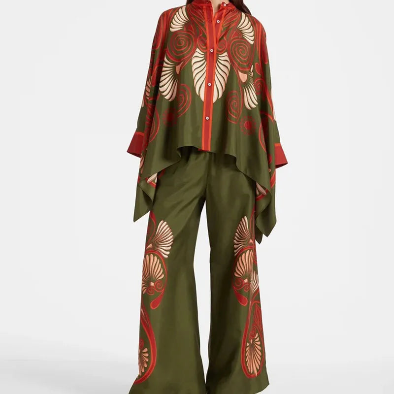 Elegant Women's Long Sleeve Button Shirt and Wide Leg Pants Set