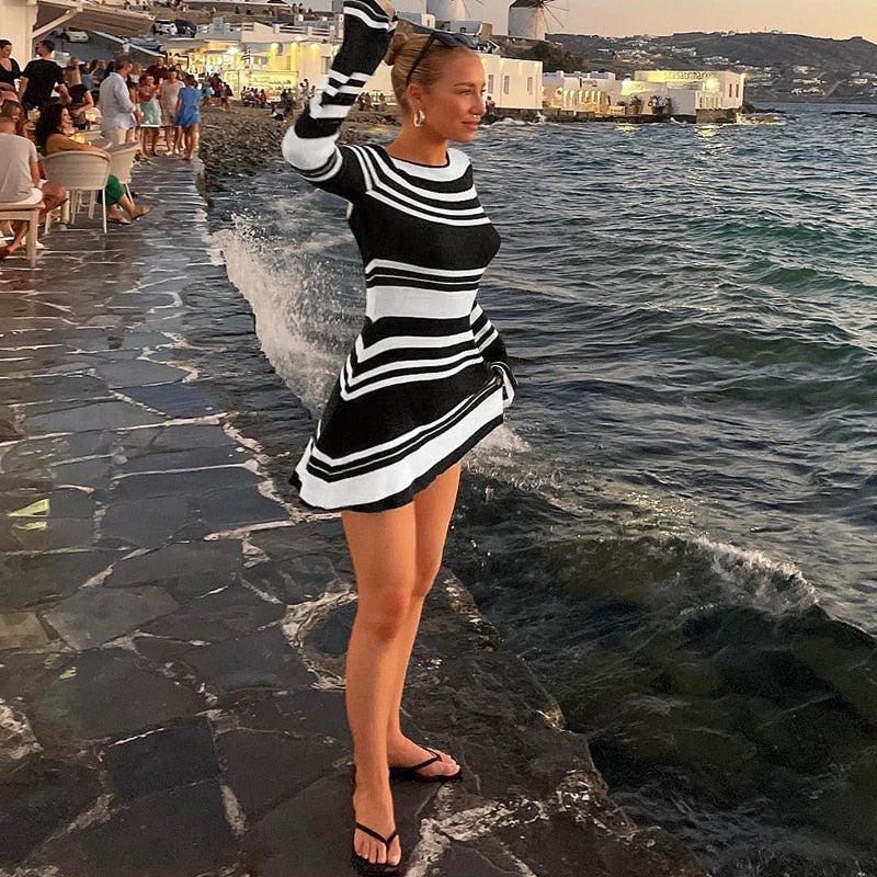 Striped Long Sleeve Backless Knit Mini Dress