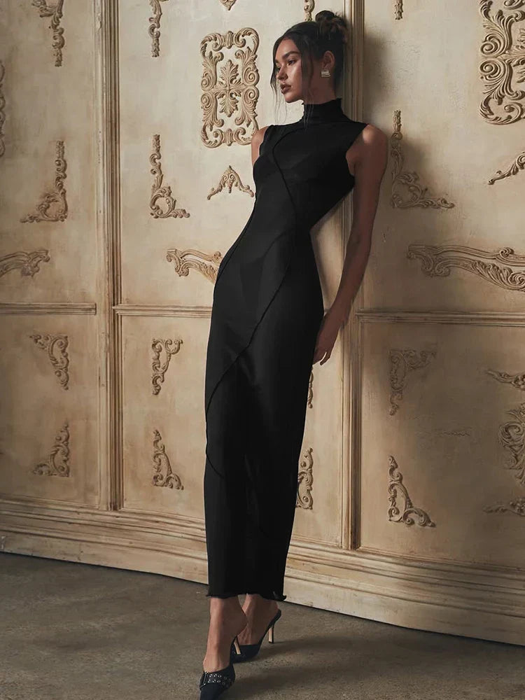 Mesh Mock Neck Sleeveless Sheer Bodycon Maxi Dress - View 6