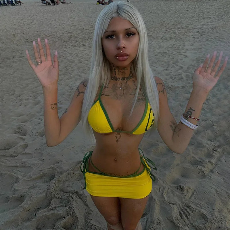 Suspender Print Bikini Beach Three Piece Swim Sets - Fashionpara