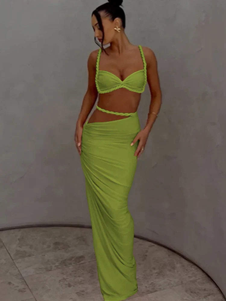 Orange Ruched Bandage Maxi Two Piece Skirt Set