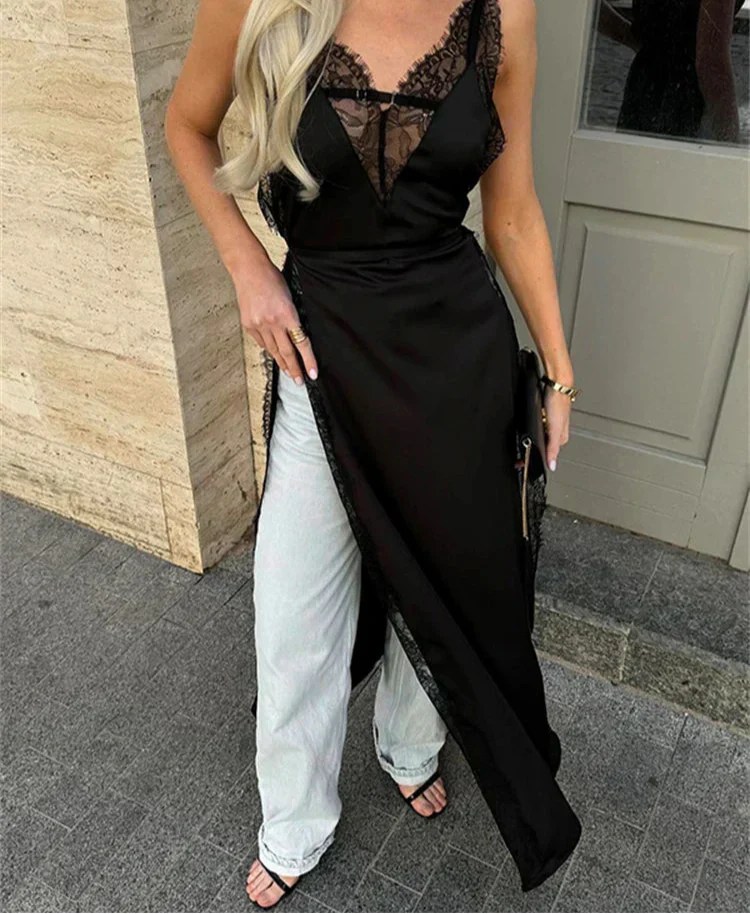 Lace Satin Patchwork High Split Maxi Dress - View 2