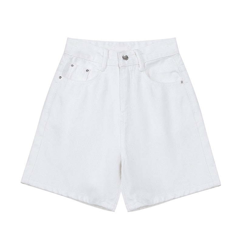 KittenAlarm - Women's Short Summer High Waist Jeans Baggy Straight Five Points Trousers Streetwear Vintage Mom Denim Wide Leg Short Pants
