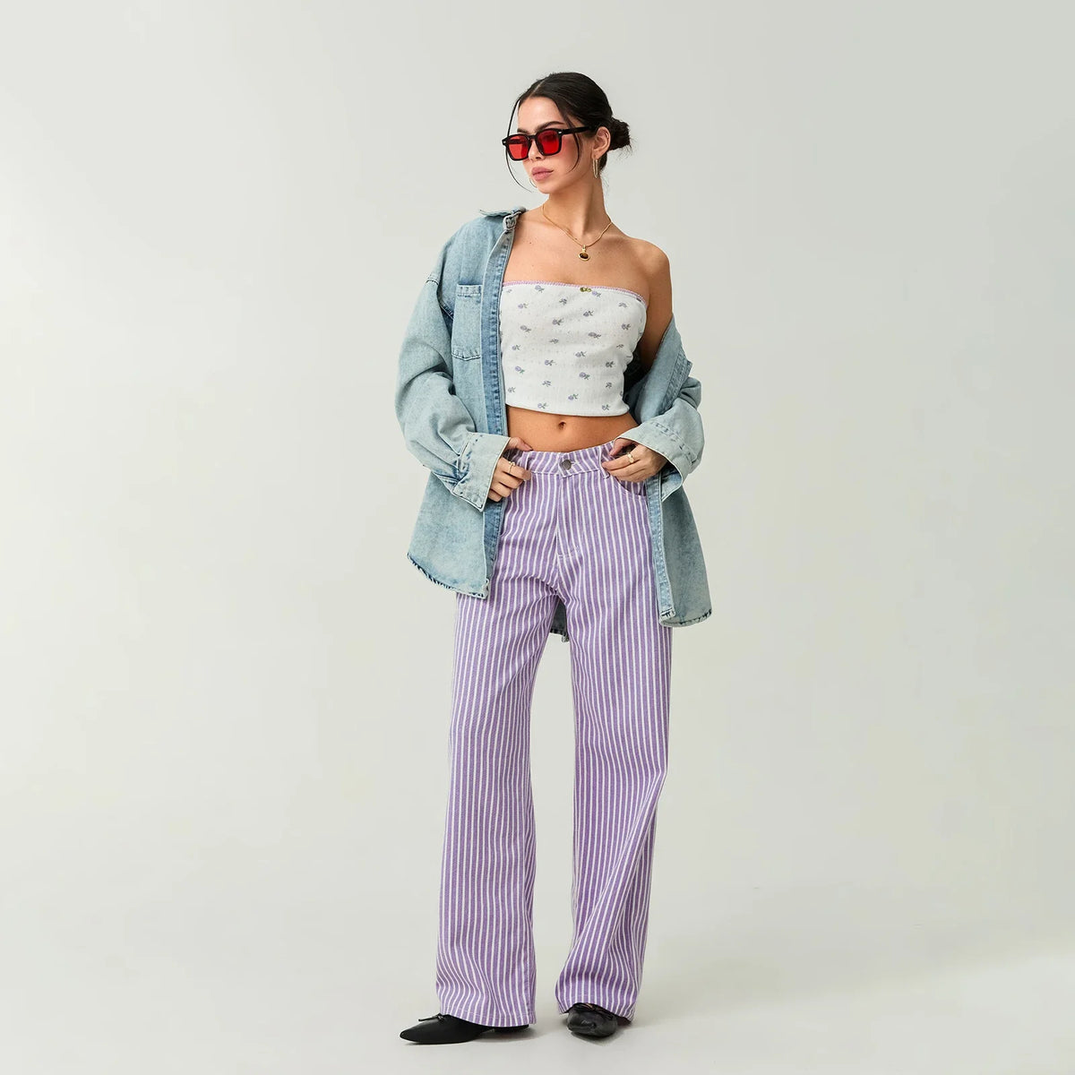 Striped High Rise Wide Denim Pant