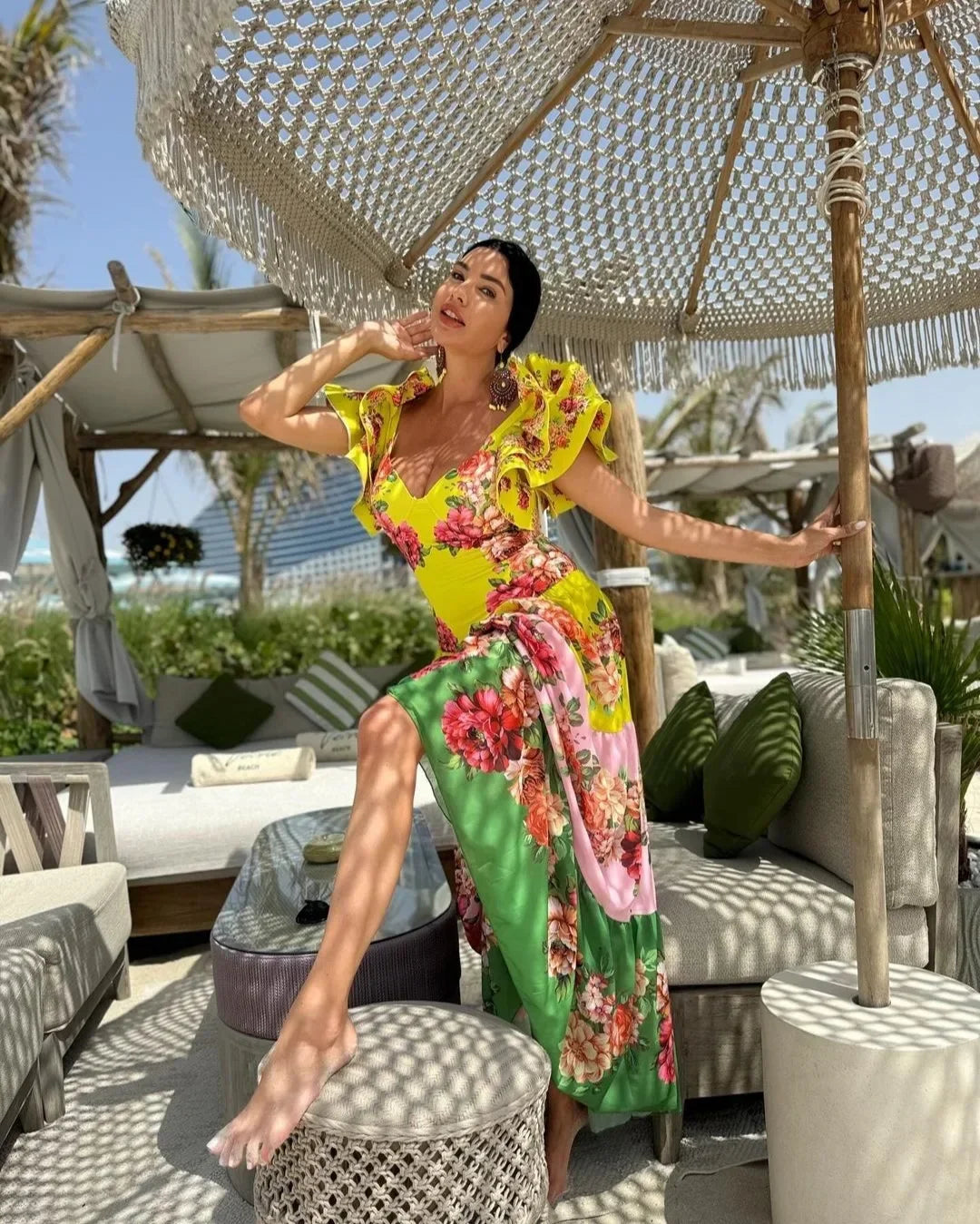 Ruffles Flower Print Skirt Two Piece Set