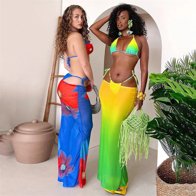 Zebra Leopard Print Bra Long Skirt Three Piece Swim Sets