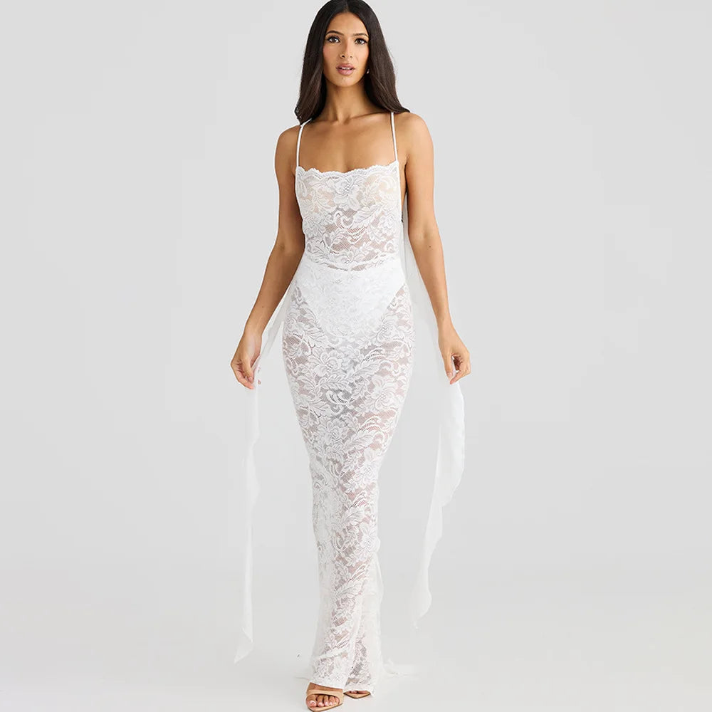 Lace Patchwork Backless Trailing Long Dress - View 3