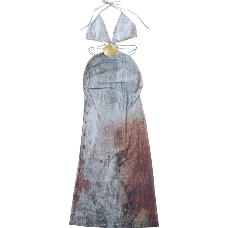 Backless Split Abstract Printed Mesh Sheer Dress - View 8