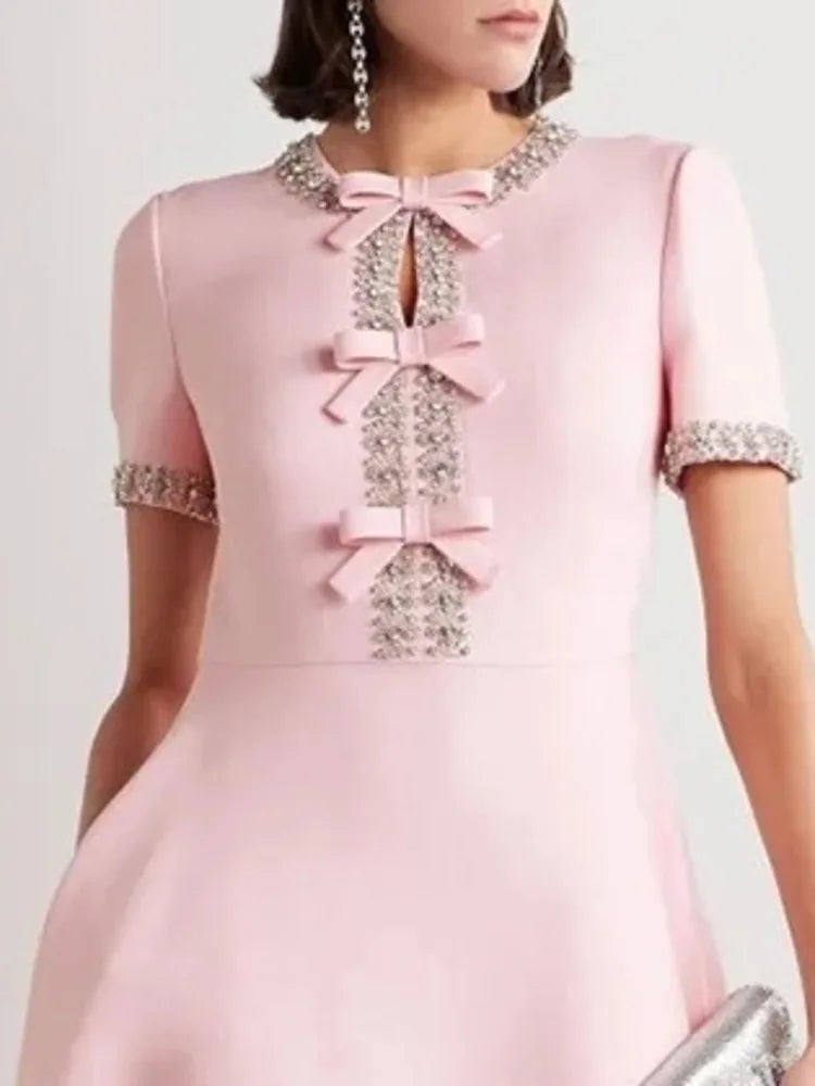 Rhinestone Trim Bow Detail Keyhole Neck Short Sleeve A-Line Midi Dress - View 5