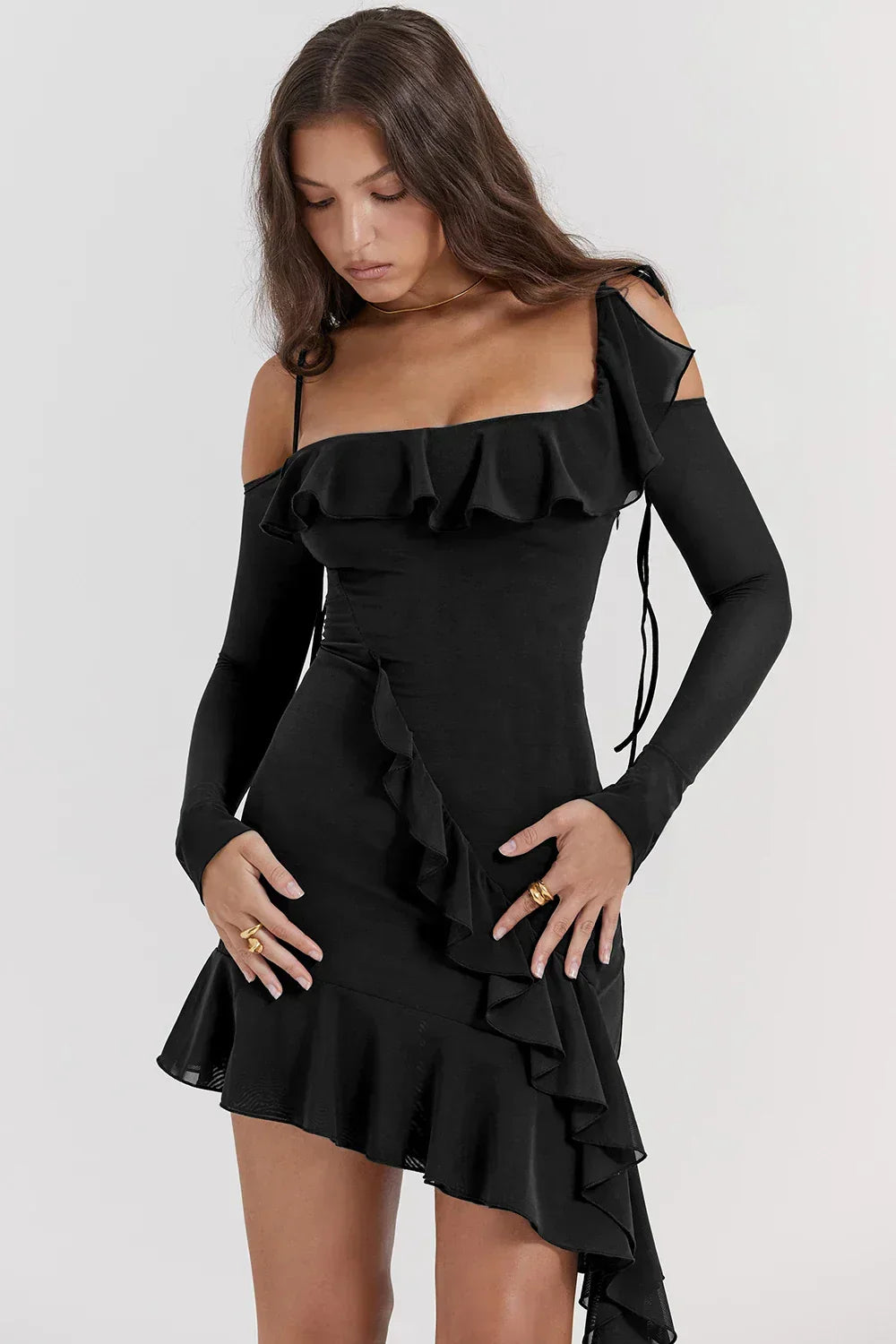 Off Shoulder Ruffle Long Sleeve Bodycon Mini Dress 11