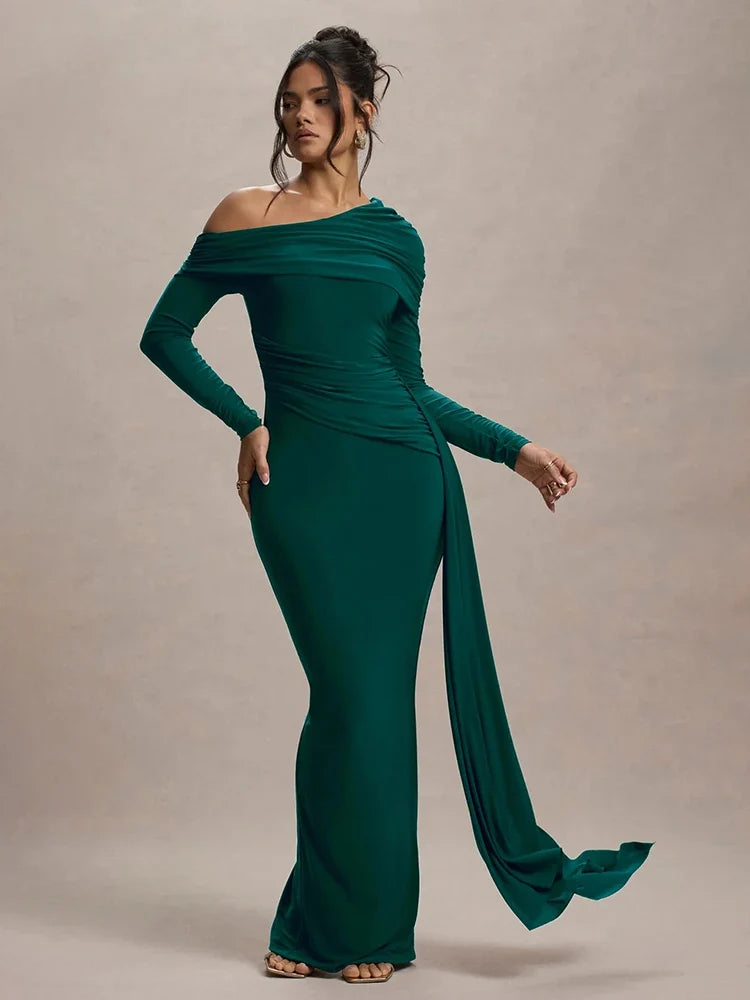Skew Collar Draped Sleeve Bodycon Dress