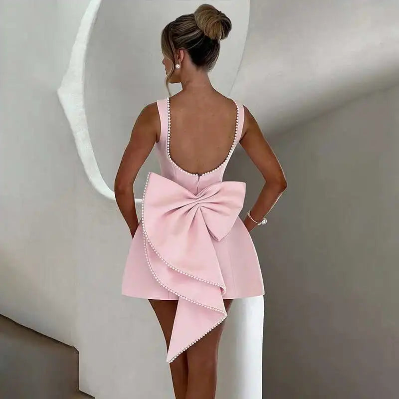 Pearl Bow Waist Wrap Backless Mini Dress - View 4