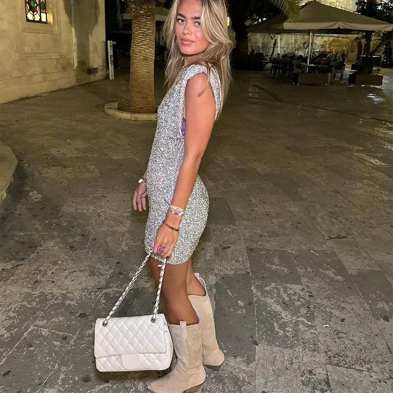 Sequin Mock Neck Shoulder Pad Sleeveless Bodycon Mini Dress - View 4