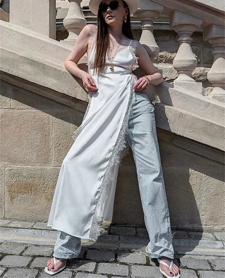 Lace Satin Patchwork High Split Maxi Dress - View 10