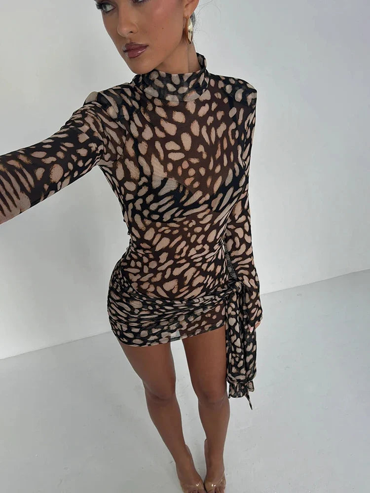 Leopard Print Mesh High-Neck Long Sleeve Mini Dress 3